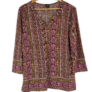 Rafaella Long Sleeve Brown Pink Beaded Tunic Large Career Wear